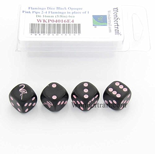 Flamingo Dice D6 Black Opaque with Pink Pips 16mm (5/8in) Set of 4 Wondertrail
