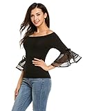 Easther Women’s Sexy Off Shoulder Long Bowknot Bell Sleeve Top Shirt Slim Fit Blouse (X-Large, Black)