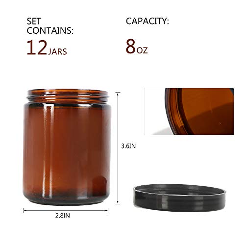 12 Pack, 8 oz Round Glass Jars with Black Plastic Lids, 240ml Amber