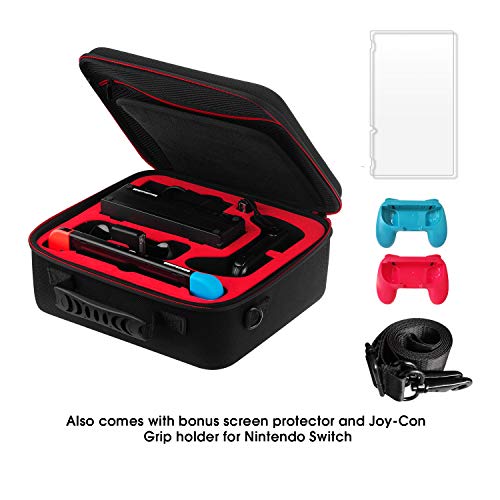 Tranesca Protective Portable Hard Shell carrying case for Nintendo Switch Console and Accessories ( Holds 21 Game Cartridge and comes with bonus screen protector and Joy cons grip )