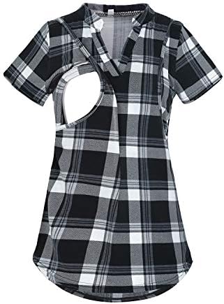 PrettyLife Nursing Tops with Side Pockets Notch Neck Plaid Breastfeeding Blouse Shirt