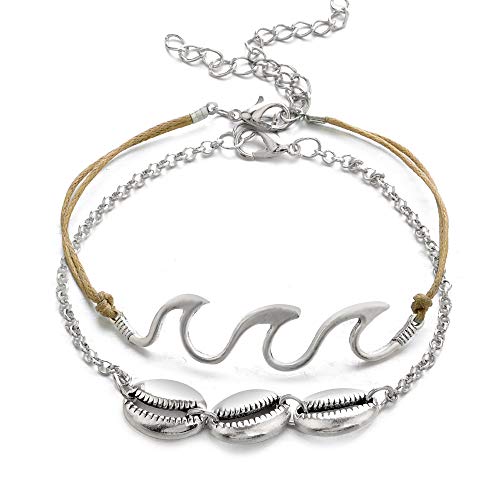 2 pcs Bohemia Anklets for Women Wave Alloy Shell Bracelets Rope Beach Foot Chain Jewelry GIF (Silver) - Thumbnail 6