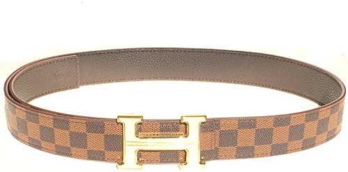 DUKAGE Initials 40mm Reversible H-Buckle Leather Belt (Brown/gold, 26-28 inch, 105cm)