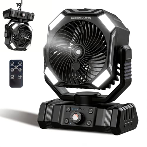 GOBRILLFUN Battery Operated Fan 10000mAh with Mist, Portable Remote Control Fan with 300mL Tank, Oscillating Cooling Fan, 2 Mist Modes, LED Light, Timer, Rechargeable for Camping Patio Beach Office