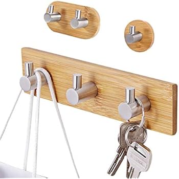 ZMTT Self Adhesive Hooks 3M, 3 Packs Adhesive Wall Hooks Towel Coat Hanger Bamboo Stainless Steel Hanger Shelf for Bathroom Kitchen Bedroom