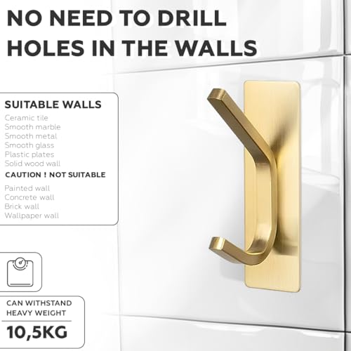 AMROAH 4pcs Stainless Steel Adhesive Hooks Wall Mounted, Heavy Duty Storage Wall Mount Hooks for Hanging Coat Clothes Towels Hat Bags for Home Entryway Bathroom Bedroom Kitchen Living Room (Gold)