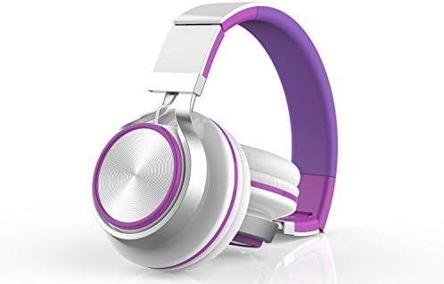Honstek On-ear Headphones, Stereo Wired Foldable Headset, Soft Lightweight Earmuffs for Kids Teenager Woman (White/purple)