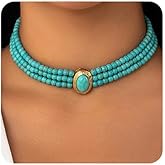 Octwine Boho Round Imitation Turquoise Layered Choker Necklace Multi Strands Vintage Choker 1920s Bridal Wedding Christmas Vintage Shiny Necklace for Women