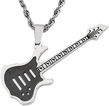 Yowell Titanium Steel Necklace for Men Guitar Pendant Necklace Chain Black Silver Punk Men Jewelry
