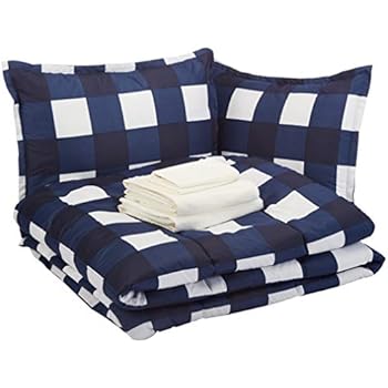 AmazonBasics 8-Piece Comforter Bedding Set, Full / Queen, Navy Oversized Gingham, Microfiber, Ultra-Soft