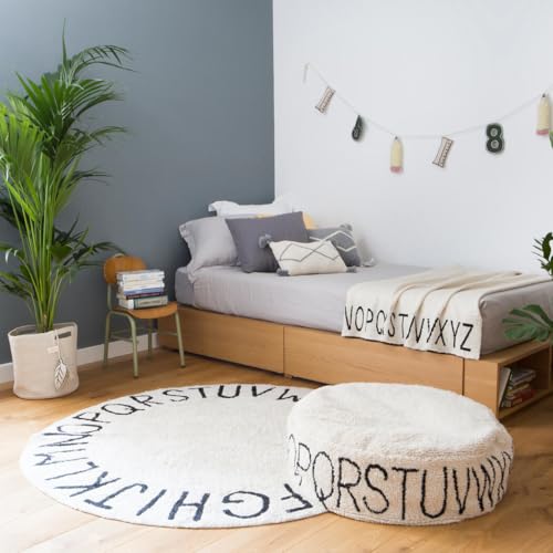 Lorena Canals Washable ABC rug for children's room or bedroom in natural/black. Handmade in round shape with cotton and non-toxic dyes - Ø150cm