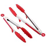 Homitt Kitchen Salad Tongs Sets (12 inch & 9 Inch), Stainless Steel Locking Tongs with Fully Support Silicone Tips for Everything from Stir Fry to Turning over Baking Food – Red (With Stand)