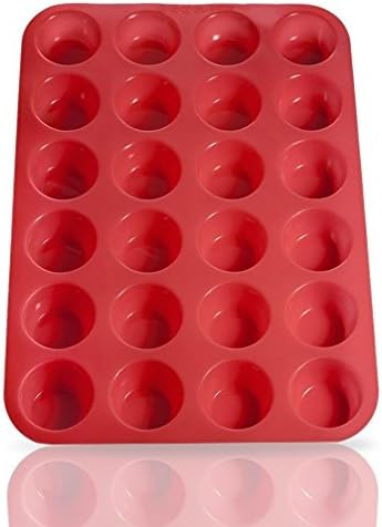 Red 24 Cup Silicone Mini Muffin Cupcake Baking Pan, Non Stick, Easy To Clean, Oven / Microwave / Dishwasher / Freezer safe, Heat Resistant Up To 450F