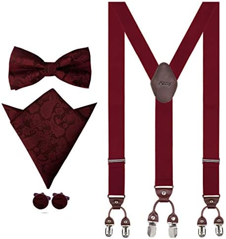 Men Braces 3.5cm Y Shape Adjustable Heavy Duty Men Trouser Braces with Bow Tie,Pocket Square&Cufflink