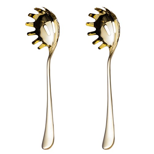 2 Piece Spaghetti Pasta Fork Noodle Serving Spoon Drains Serves Set 9.8-inch Stainless Steel Kitchen Tool Dishwasher Safe (Gold)