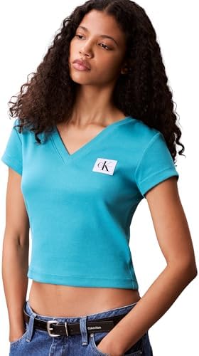 Donna T-Shirt Maniche Corte Woven Label Rib Tee con Scollo a V, Turchese (Tuscan Teal), M