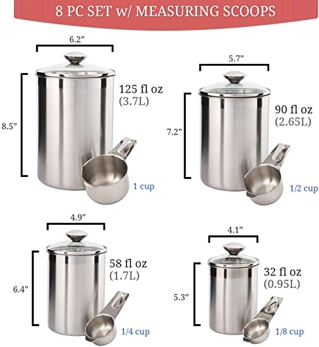 SILVERONYX Airtight Food Storage Container Set, Stainless Steel Canisters with Glass Lids & Measuring Cups, BPA Free Containers for Kitchen Pantry Organization, Ideal for Sugar Storage (8 Pcs Large)