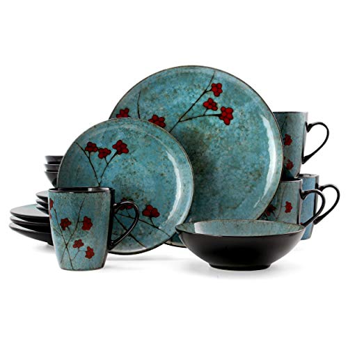 Elama-Round-Stoneware-Floral-Dinnerware-Dish-Set-16-Piece-Blue-with-Red-Accents