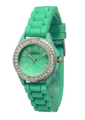 Teal Sea Green Small Face Silicone Jelly Watch w/ Crystal Rhinestones Bezel