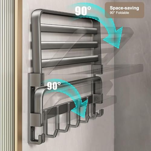 60 cm Wall Mounted Towel Rack for Bathroom, 24 Inch Foldable Matte Towel Shelf with Bar and Movable 9 Hooks, Space Aluminum Rustproof Towel Organizer for Bathroom, Shower, and Hotel Use