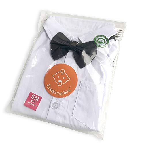 ROMPERINBOX Infant Baby Boys Dress Shirt Bodysuit Formal Short Long Sleeve Rompers for Wedding Party (White Short Sleeve, 12-18 Months)