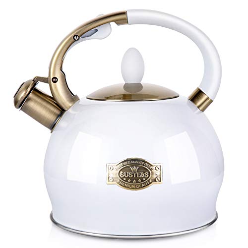 SUSTEAS Stove Top Whistling Tea Kettle-Surgical Stainless Steel Teakettle Teapot with Cool Toch Ergonomic Handle,1 Free Silicone Pinch Mitt Included, 2.6 Liter(White)