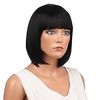 Suppion Women Short Straight Full Bangs Bob Hairstyle Synthetic Hair Full Wig (Black)