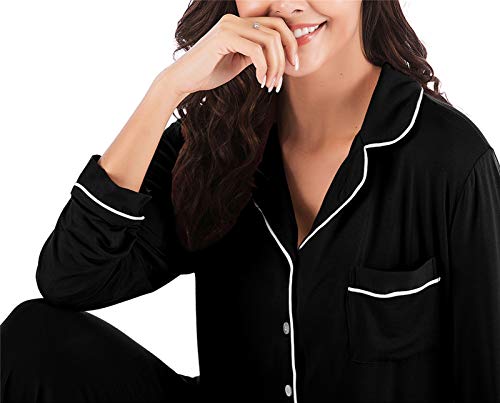 Pajamas Set for Womens 2 Piece Nightwear Long Sleeve Button Down Sleepwear Soft Pjs Black XXL