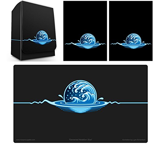 Max-Pro 1 ICONIC ELEMENTAL Water Symbol BLUE Deck Box , PLAYMAT and 100 Shuffle-Tech Sleeves (fits MTG Mana FORCE OF WILL Pokemon Cards) by Max Protection