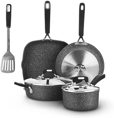 Batterie de casseroles New Petra Dark, casseroles et poêles pour induction et four jusqu'à 180°C, antiadhésives avec manique et cuillère en acier (7 pièces)