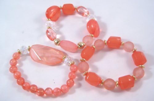 Stunning New Coral &amp; Gold Bead 3 Piece Stretch Bracelet Set
