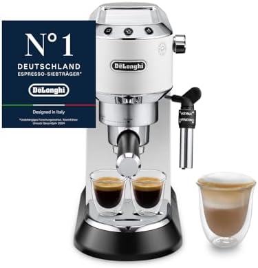 Dedica Style - Perfetto Kompakte Siebträgermaschine Espressomaschine mit Tasten, manuellem Milchaufschäumer für Espresso und Cappuccino, ESE Pad geeignet, 15cm breit, Weiß (EC685.W)