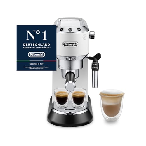 Dedica Style - Perfetto Kompakte Siebträgermaschine Espressomaschine mit Tasten, manuellem Milchaufschäumer für Espresso und Cappuccino, ESE Pad geeignet, 15cm breit, Weiß (EC685.W)