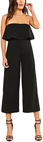 Pajamasea Women Strapless Sleeveless High Waist Ruffle Plain Jumpsuits Black Wide Leg Jumpsuit