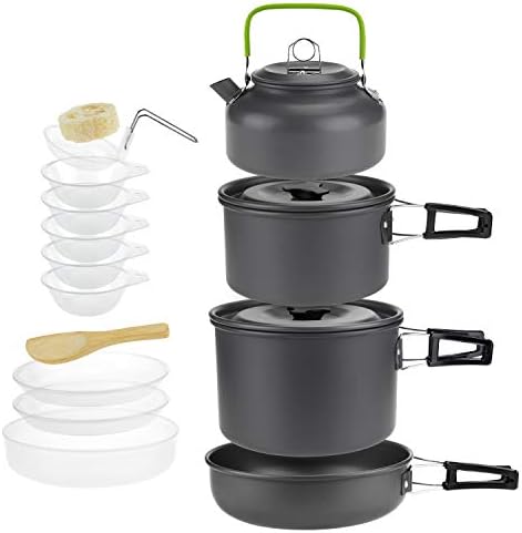 ARAER Camping Cookware Set, 10pcs:2-3 Person/16pcs:4-5 Person Mess Kit with Non-Stick Aluminum Pot Pan, BPA-Free Bowls/Plates and Nylon Bag, Perfect for Camping, Hiking, Travel, Backpacking, Picnic