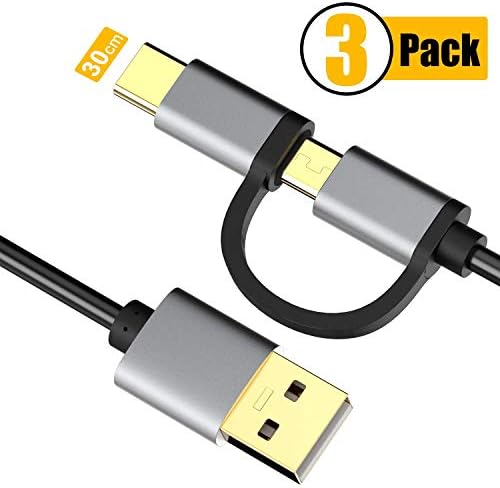 0.3M USB C Cable, 2 in 1 Type C and Micro USB Cable Charger Compatible Galaxy S9 /S9 Plus /S8 /S8 Plus/Note 8, Huawei P20 /Mate 10 /P10 /P10 Pro and Type C or Micro USB Devices (0.3 m, 3 Pack)