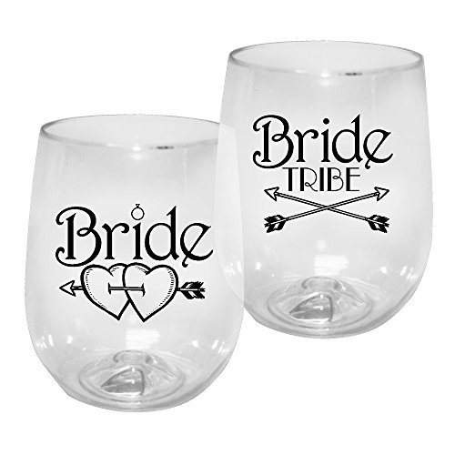Barware 12oz Plastic Stemless Wine Glass â€“ Bride Tribe Print for Bachelorettes, set of 12â€“Shatterproof Tumbler, Clear