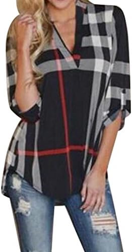 Eforward Women's Blouse Casual Plaid V Neck 3/4 Sleeve T-shirts Pullover Tops 2XL Black