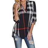 Eforward Women's Blouse Casual Plaid V Neck 3/4 Sleeve T-shirts Pullover Tops