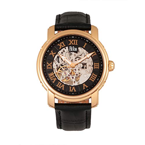 Reign Kahn Automatic Skeleton Dial Leather-Band Watch, Black, REIRN4306