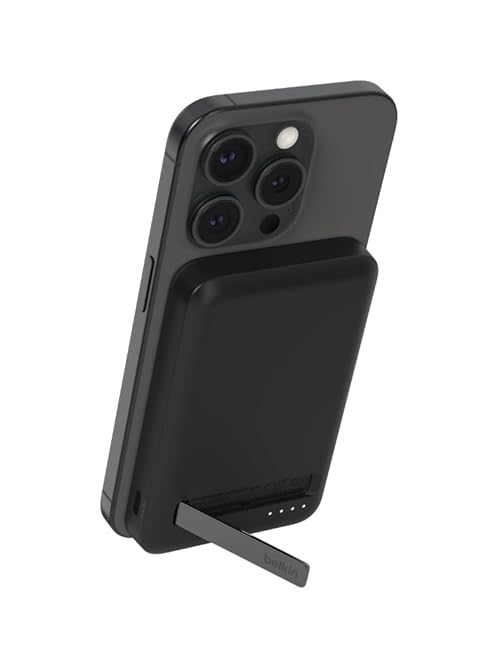 Belkin BoostCharge Pro Wireless Power Bank 5000mAh with Qi2, MagSafe compatible portable charger + built-in pop-up kickstand, battery pack for iPhone 16, iPhone 15, 14, 13, 12 and more - Black