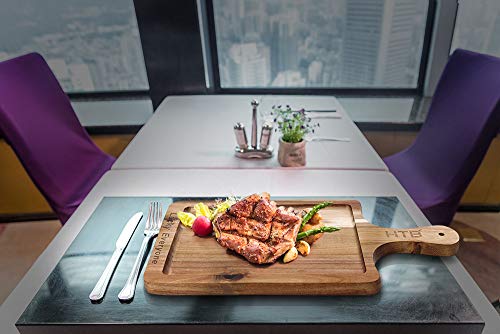 Rectangular Paddle Board LUCK EVERYONE Carved 100% Natural Acacia Wood, 16.5 x 8.7 IN Wooden Cutting Board, Serving Board With Handle For Bread Cheese Steak By HTB