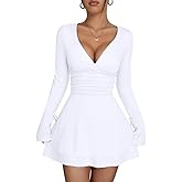 XXTAXN Women's Sexy Wrap V Neck Long Sleeve Flowy Hem A Line Ruched Waist Corest Mini Dress
