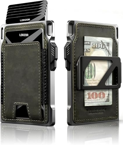 LORZOR Slim RFID Blocking Tactical Wallet for Men, Full Grain Leather with Aerospace Aluminum, Front Pocket Wallet, Smart Pop Up Card Case, Money Clip, 8-12 Cards (Military Green)
