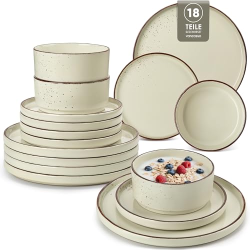 Geschirrset 6 Personen, vancasso NAVIA 18-tlg Hochwertiges Steingut Geschirr set, Tafelservice Beige, Geschirrsets mit Speiseteller, Salatteller und Schüsseln