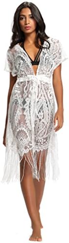 Abary Beach Lace Floral Dress Plus Size Beachwear Swimwear Bikini Cover Up Tassel White L