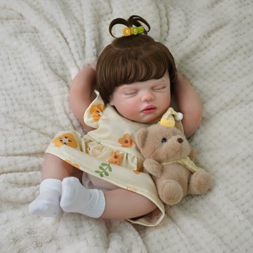 Bebê Reborn Boneca Realista Corpo de Silicone Menina Com Um Ursinho Fofo Cabelo Implantado Realista Original Pintada Corpo Pode dar Banho Dormindo de olhos fechados 48cm