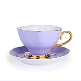 Porcelain Classic Tea/Coffee Cups and Saucers Set with Gold Plated Rims&Handles,Ceramic Espresso Latte Coffee Cup Teacup and Saucer Sets for Office Home Gift,Assorted Color,7 Ounces (PURPLE)