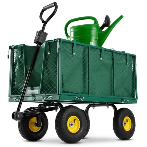 Arebos Bollerwagen | Gartenwagen | mit Profilreifen | 550kg belastbar | faltbar | grün | herausnehmbare Plane | kugelgelagerte Stahlfelgen | inkl. Han