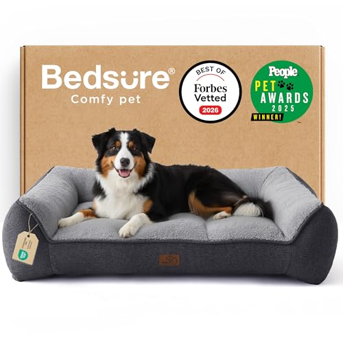 Bedsure Washable Dog Bed Large Dogs – 114 x 81 cm Extra Thick and Support Sofa with Waterproof Cover, Non-Slip Soft Sherpa Plush Bed, Dark Grey